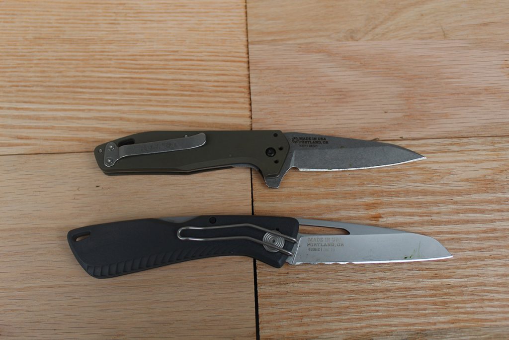 Gerber Fastball (top) and Sharkbelly (bottom). Good quality folding knives for the beginner.